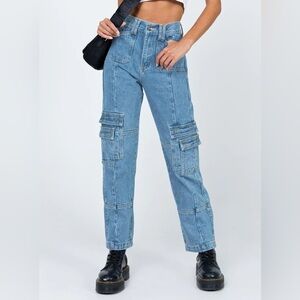 Princess Polly lioness Stacy cargo jeans denim blue XXS high rise waist
